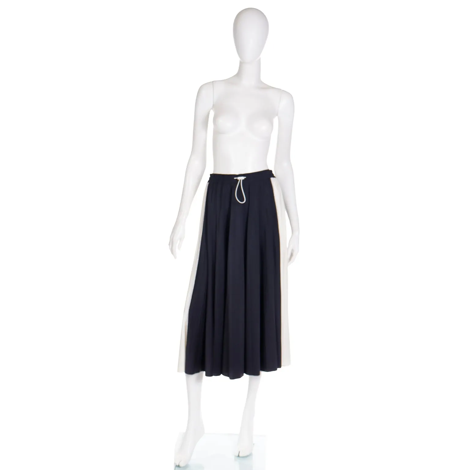 2000s Valentino Black & White Drawstring Knit Pleated Midi Skirt w Lace