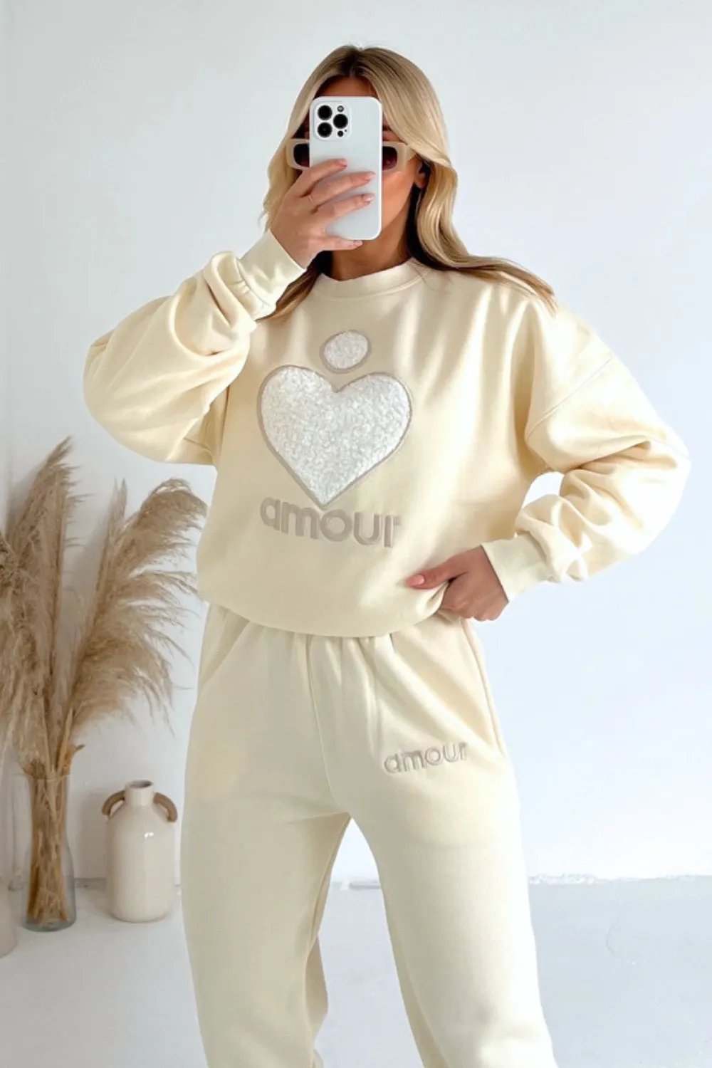 Amour ecru teddy heart embroidered sweater joggers premium loungewear