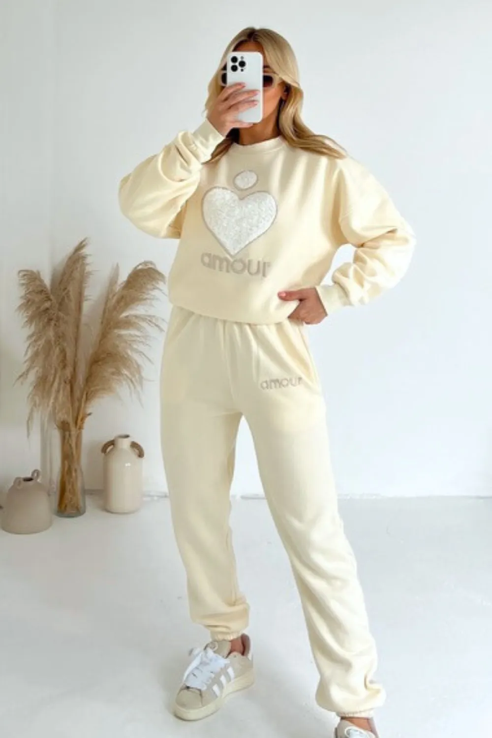 Amour ecru teddy heart embroidered sweater joggers premium loungewear