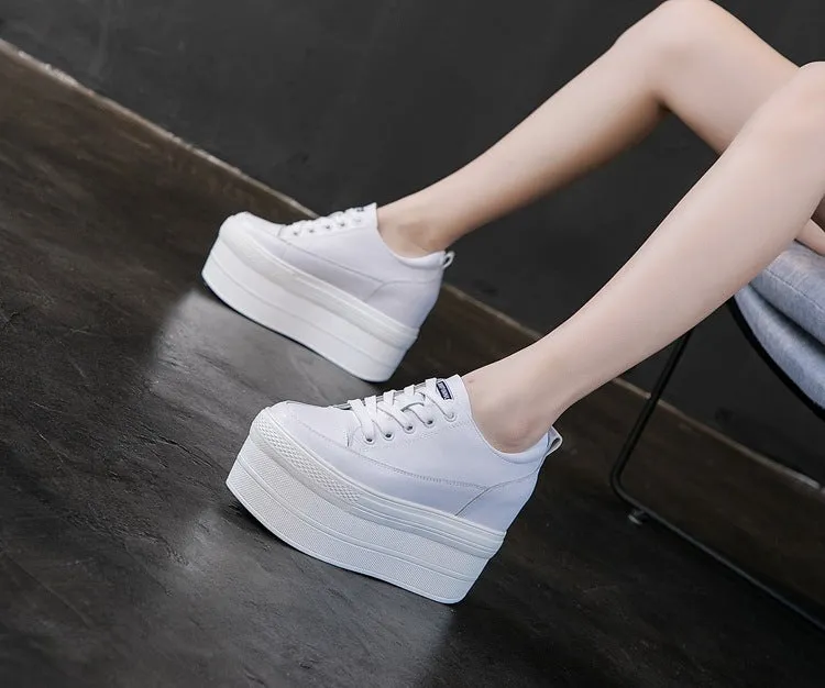 Amozae  2024 Single Shoes Women New Autumn Women's Leather Platform White Shoes Fashion Breathable Elevator Casual Shoes Lace-Up