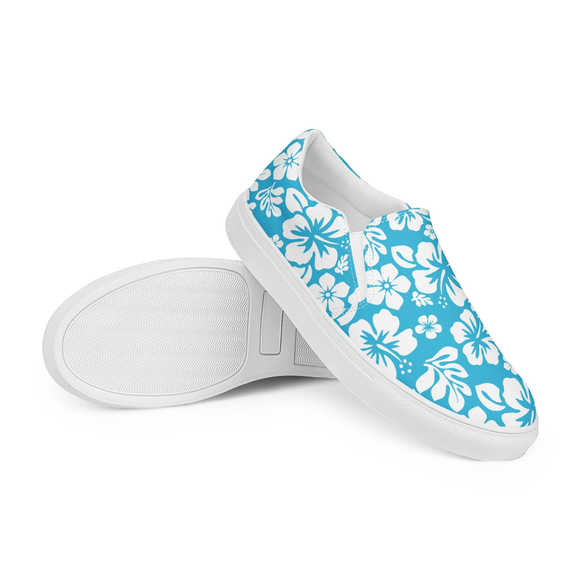 Aqua Blue and White Hawaiian Flowers Women's Slip On Canvas Shoes