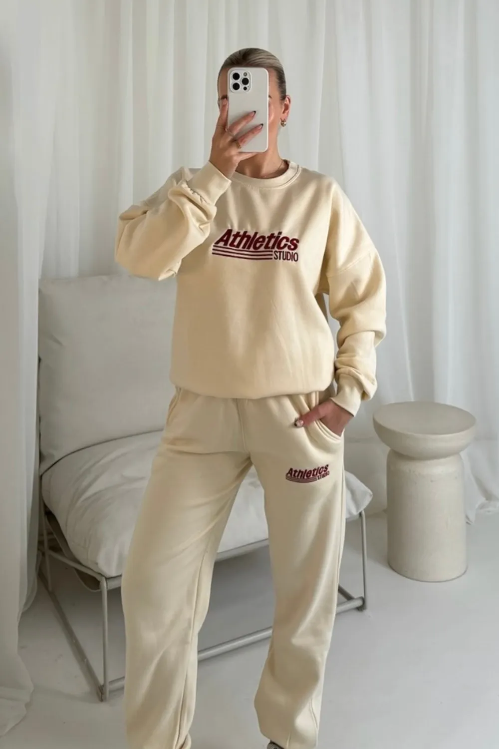 Athletics ecru and burgundy embroidered sweater joggers loungewear