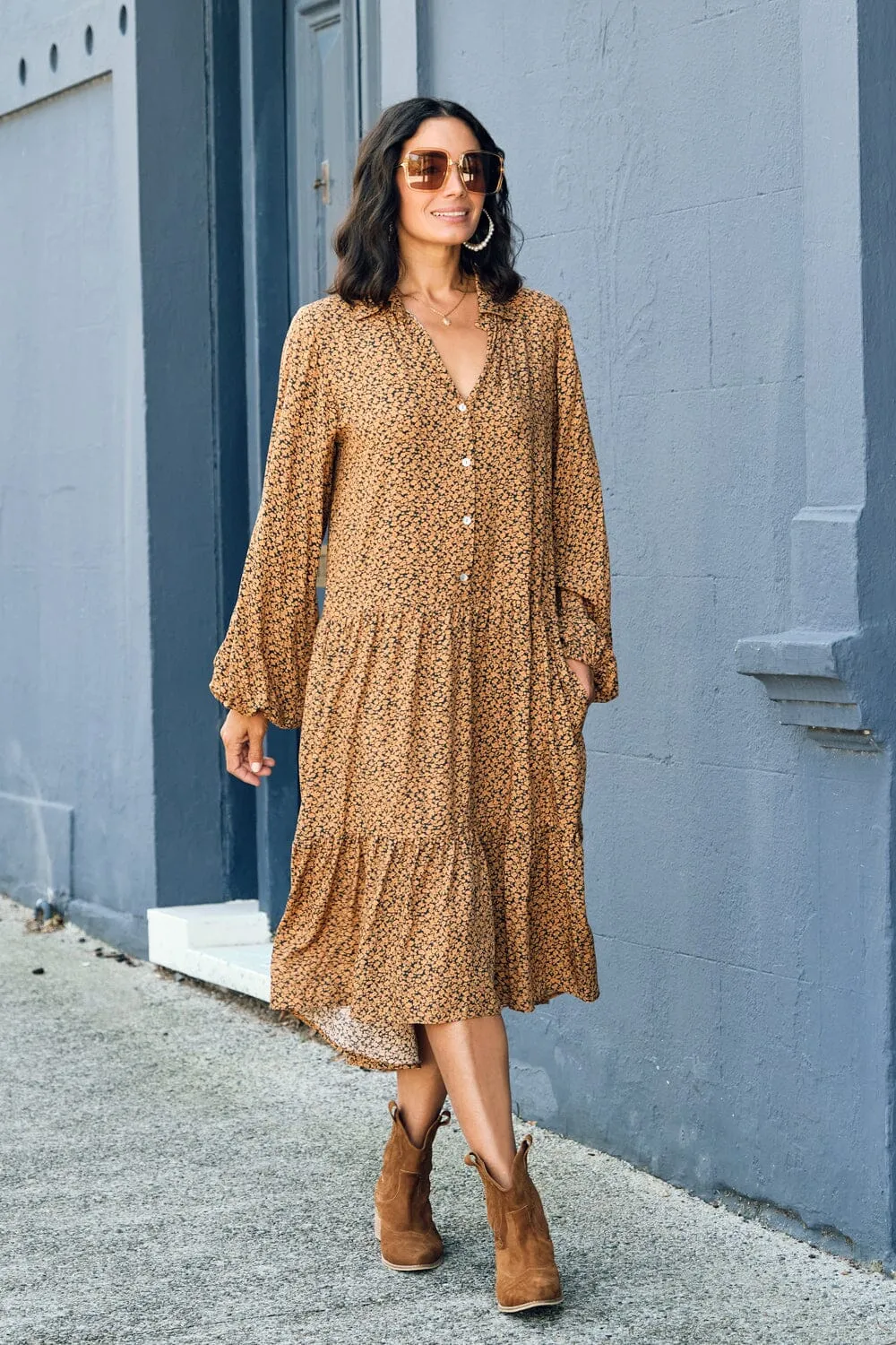 Audrina Floral Print Dress Burnt Orange