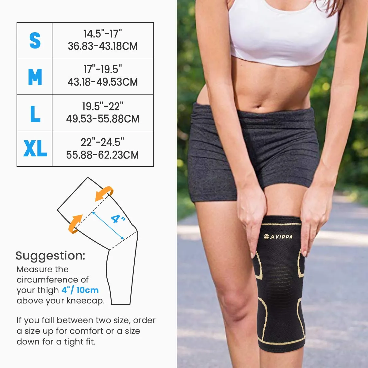 AVIDDA Knee Support Brace 2 Pack - Compression Knee Sleeves for Arthritis, Joint Pain, Ligament Injury, Meniscus Tear, ACL, MCL, Tendonitis, Running, Squats, Sports Gold Small Black Gold S