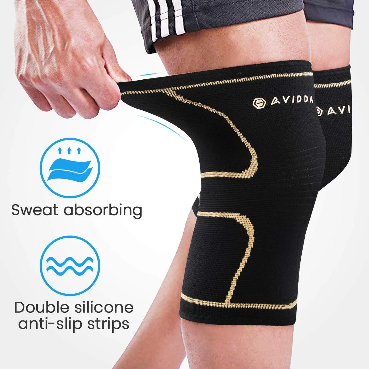 AVIDDA Knee Support Brace 2 Pack - Compression Knee Sleeves for Arthritis, Joint Pain, Ligament Injury, Meniscus Tear, ACL, MCL, Tendonitis, Running, Squats, Sports Gold Small Black Gold S