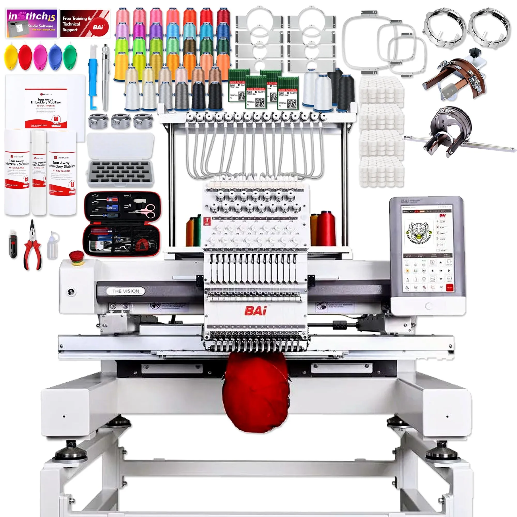 BAi VISION 15 Needle Embroidery Machine with Deluxe Mighty Hoop Bundle