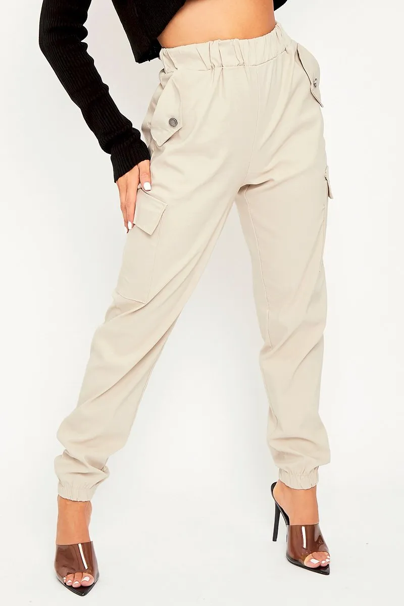 Beige Elasticated Waist Cargo Trousers - Yalina