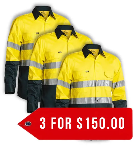 Bisley 2 Tone Hi Vis  Gusset Cuff Shirt 3M Reflective Tape-Long Sleeve-3 Pack-(BS6896-1)