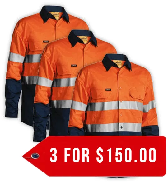 Bisley 2 Tone Hi Vis  Gusset Cuff Shirt 3M Reflective Tape-Long Sleeve-3 Pack-(BS6896-1)