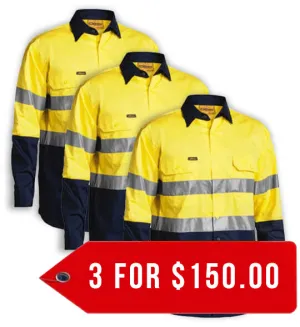 Bisley 2 Tone Hi Vis  Gusset Cuff Shirt 3M Reflective Tape-Long Sleeve-3 Pack-(BS6896-1)