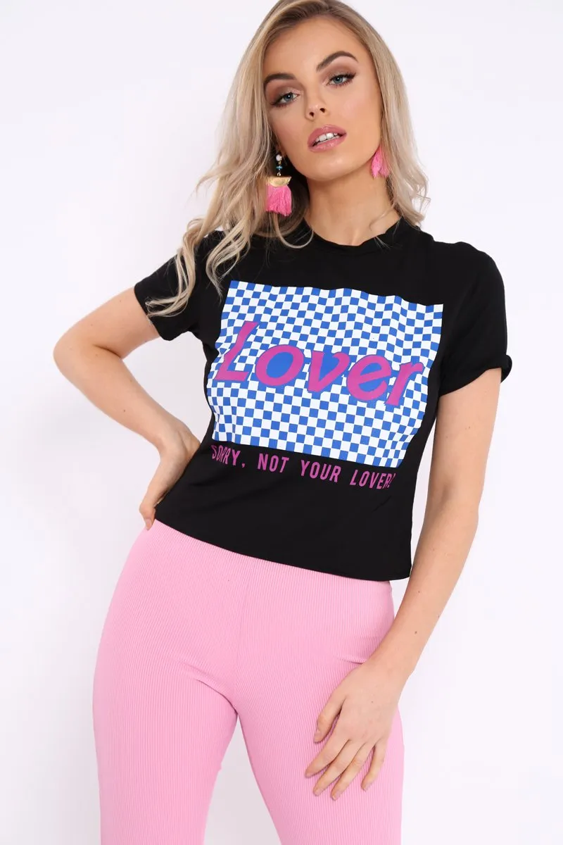 Black Crew Neck Checker Board Lover Slogan T-Shirt - Camrie