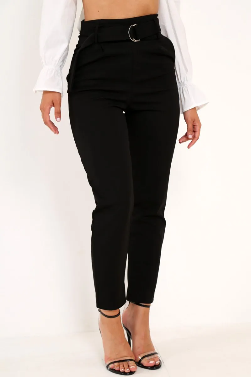 Black Tapered Belted Cigarette Trousers - Myasia