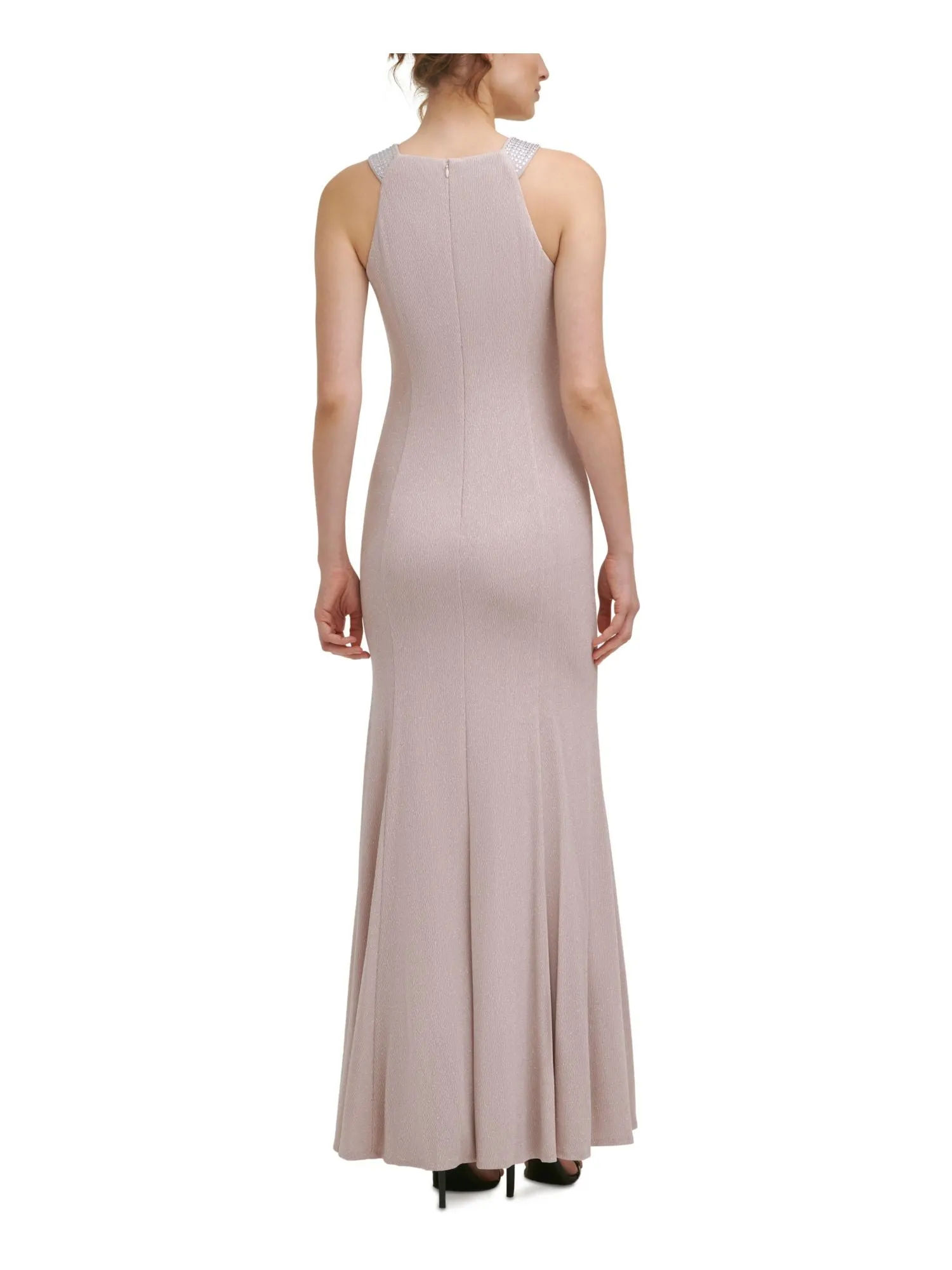 CALVIN KLEIN Womens Beige Stretch Zippered Embellished Halter Full-Length Evening Gown Dress