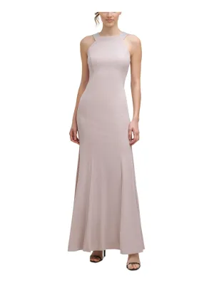 CALVIN KLEIN Womens Beige Stretch Zippered Embellished Halter Full-Length Evening Gown Dress