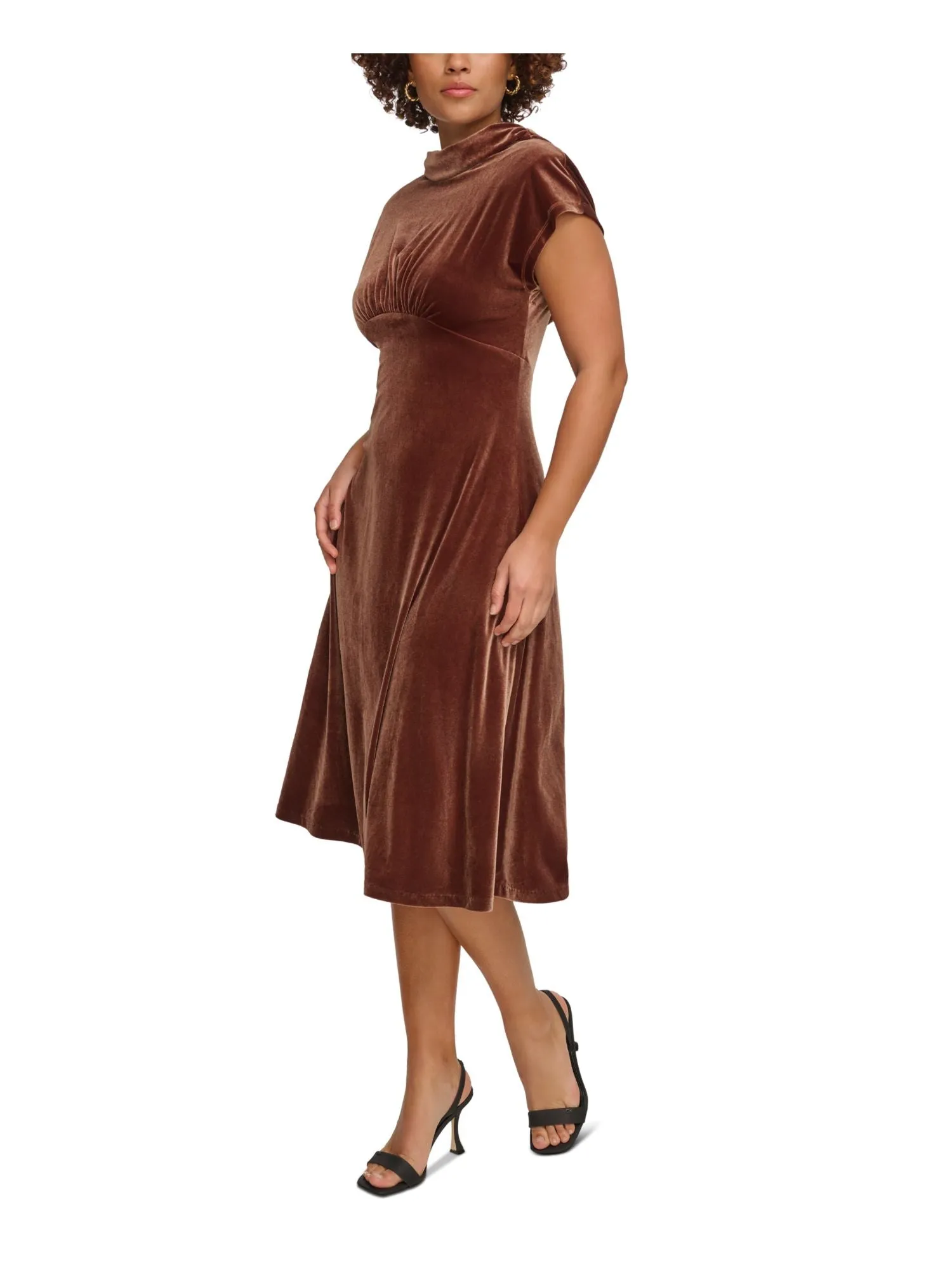 CALVIN KLEIN Womens Brown Gathered High Neck Cowl Back Pull On Cap Sleeve Midi Evening Fit   Flare Dress