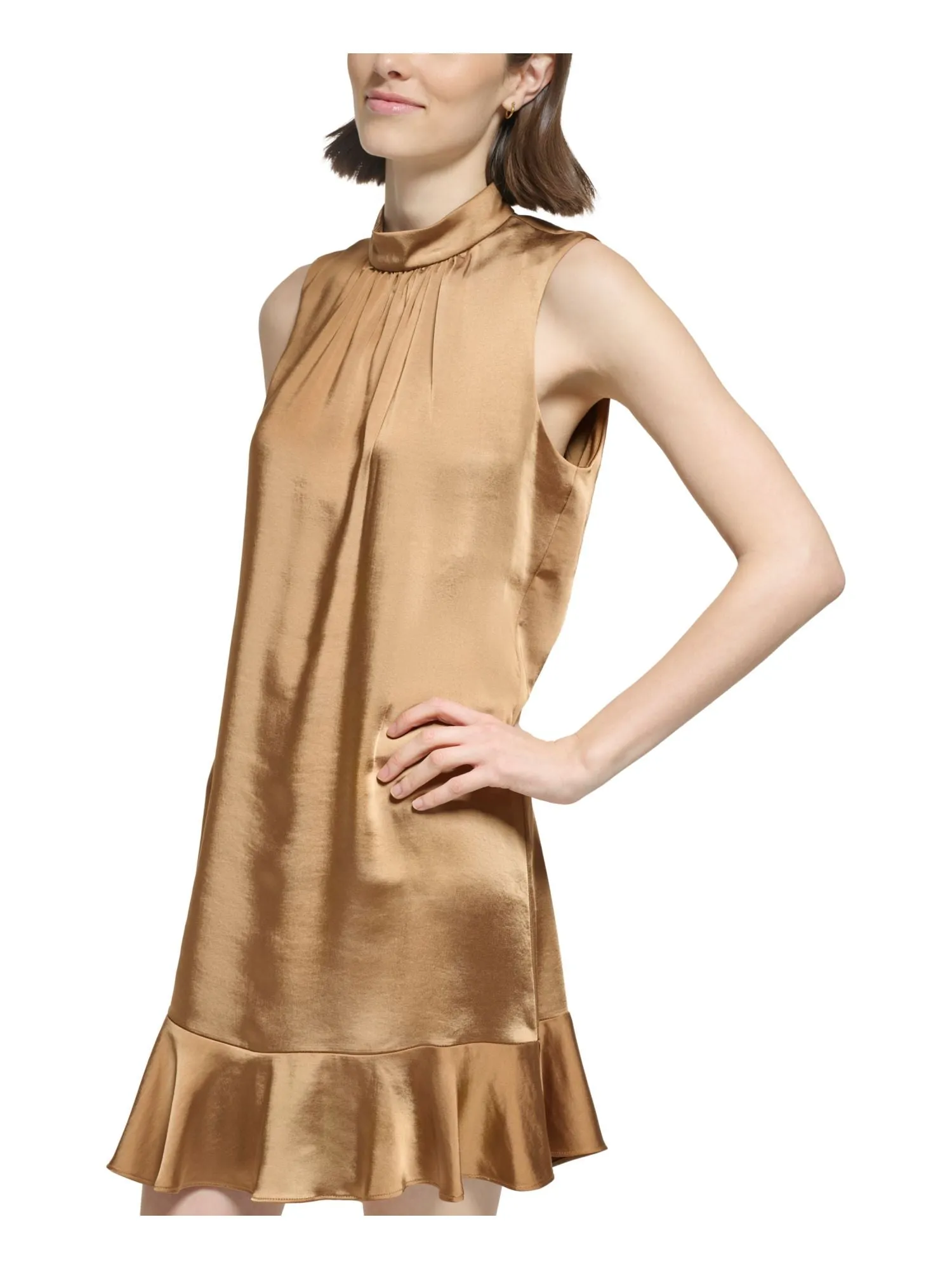 CALVIN KLEIN Womens Brown Ruched Zippered Flounce Hem Sleeveless Mock Neck Above The Knee Shift Dress