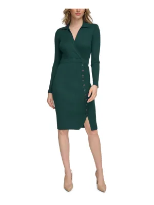 CALVIN KLEIN Womens Green Ribbed Button Accents Pull-on Long Sleeve Collared Knee Length Sheath Dress