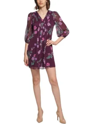 CALVIN KLEIN Womens Purple Pleated Zippered Lined Floral 3/4 Sleeve V Neck Short Wear To Work Shift Dress