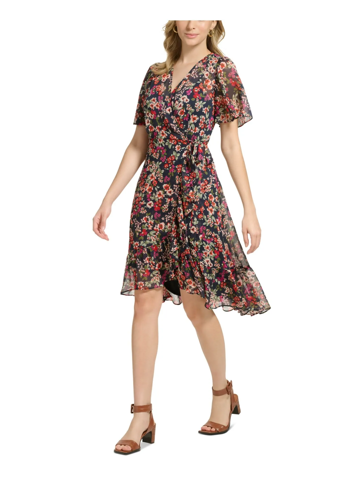 CALVIN KLEIN Womens Zippered Floral Flutter Sleeve Surplice Neckline Midi Wear To Work Faux Wrap Dress