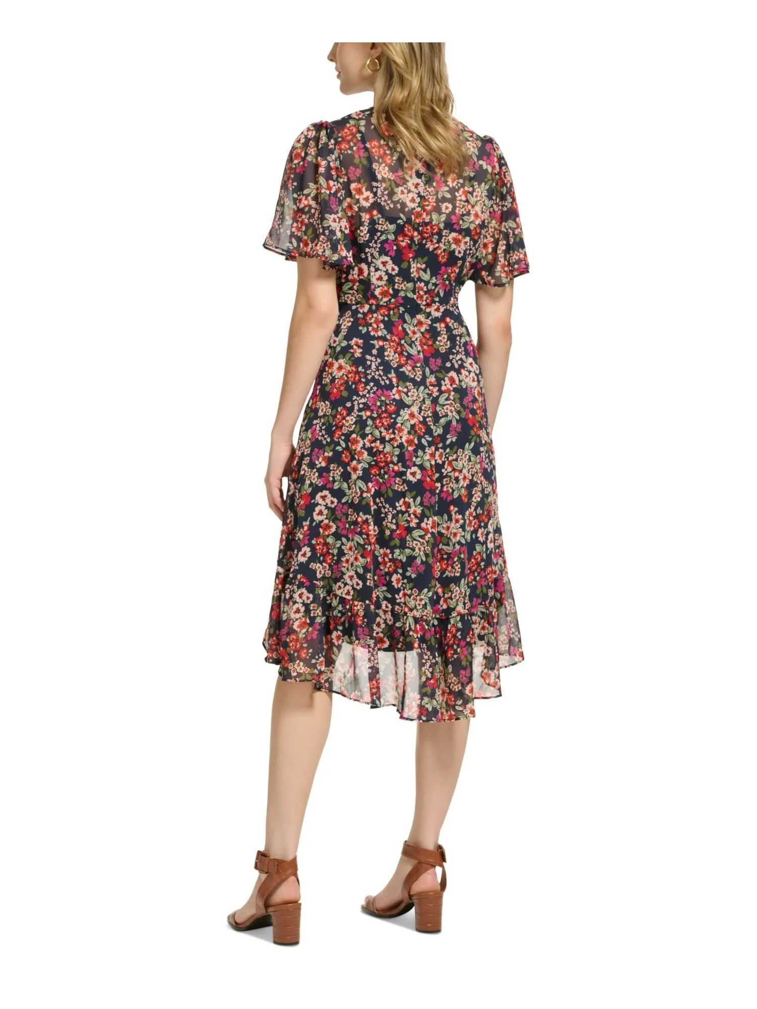 CALVIN KLEIN Womens Zippered Floral Flutter Sleeve Surplice Neckline Midi Wear To Work Faux Wrap Dress