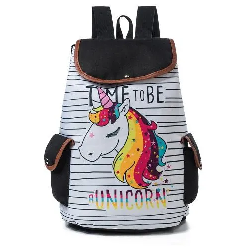 Cartoon Unicorn Printed School Backpack for Teenager with Drawstring