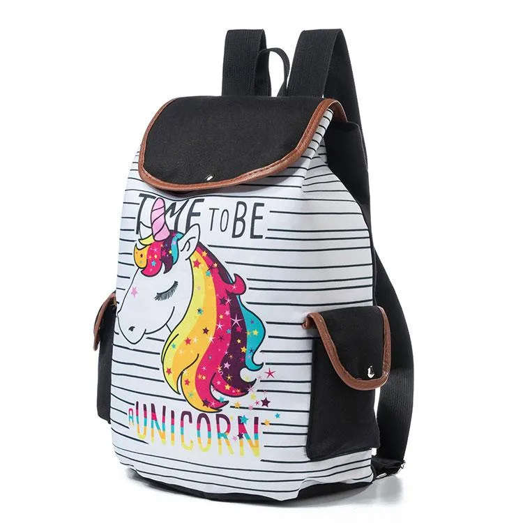 Cartoon Unicorn Printed School Backpack for Teenager with Drawstring