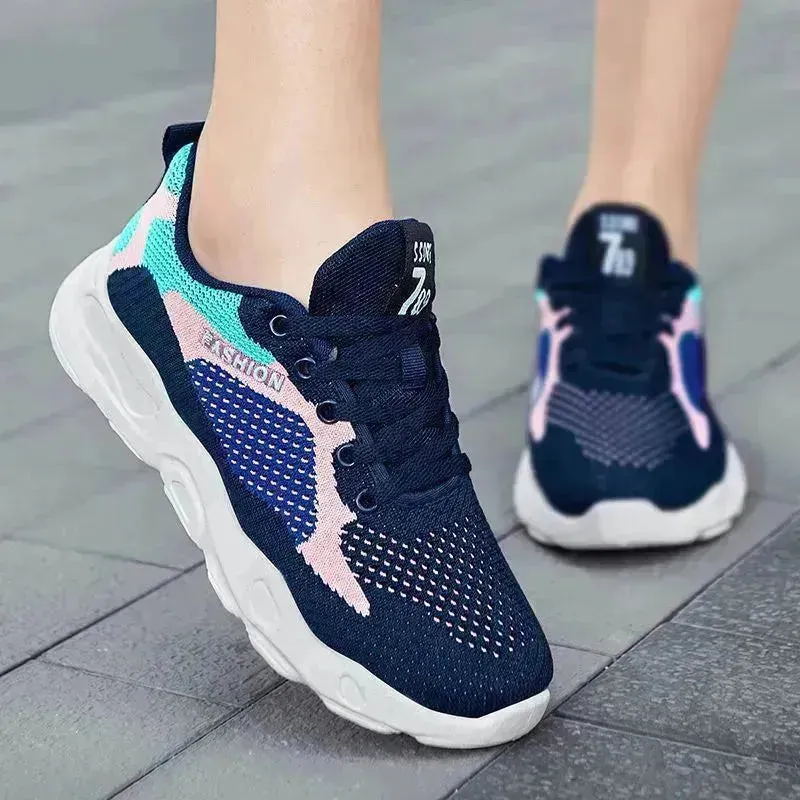 Casual Colorblock Lace-up Sneakers Girls Versatile Breathable Lightweight Walking Running Shoes