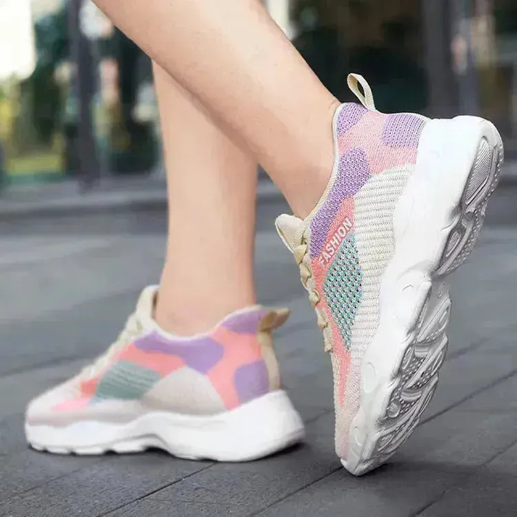 Casual Colorblock Lace-up Sneakers Girls Versatile Breathable Lightweight Walking Running Shoes