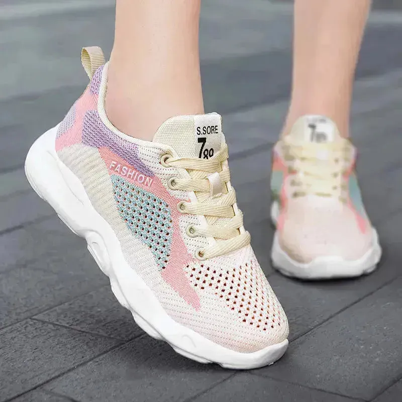 Casual Colorblock Lace-up Sneakers Girls Versatile Breathable Lightweight Walking Running Shoes