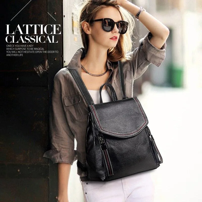 Casual Cute Women's Small Solid Zipper Hasp Genuine Leather Backpack