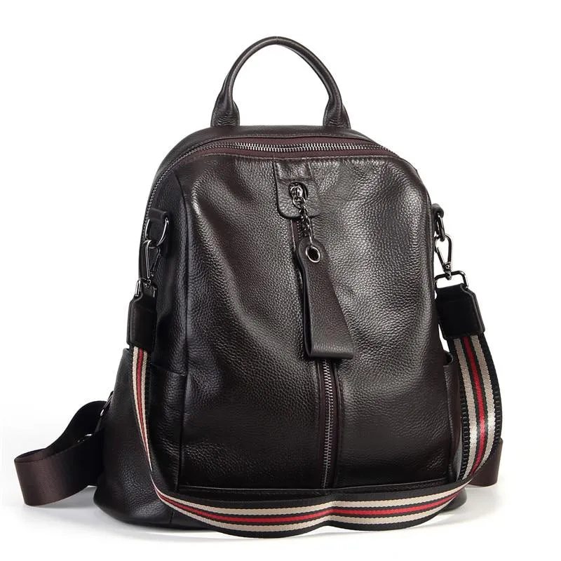 Coffee Red Grey Black Women's Solid Genuine Leather Travel Backpack