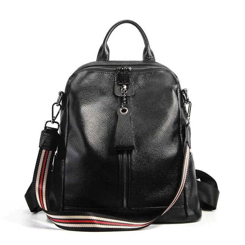 Coffee Red Grey Black Women's Solid Genuine Leather Travel Backpack