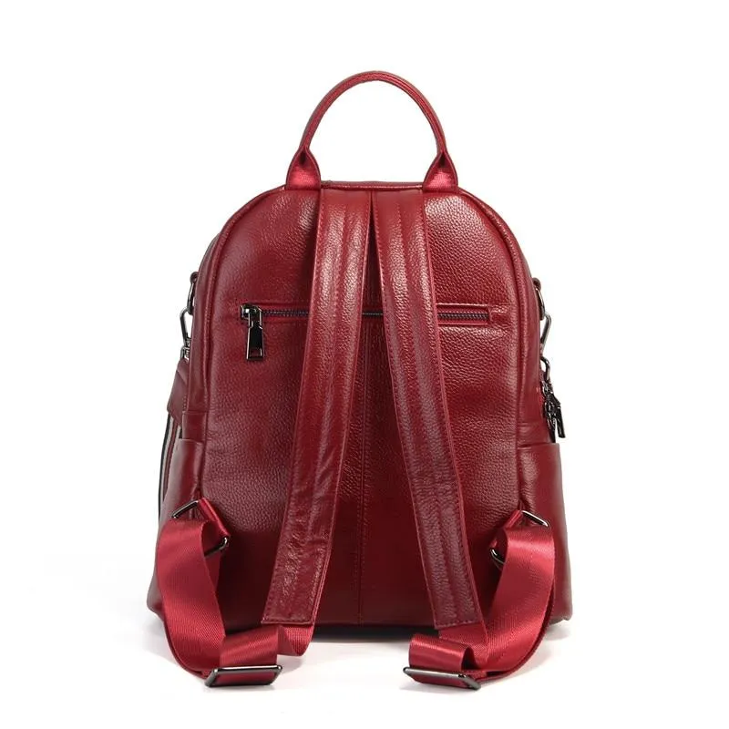 Coffee Red Grey Black Women's Solid Genuine Leather Travel Backpack