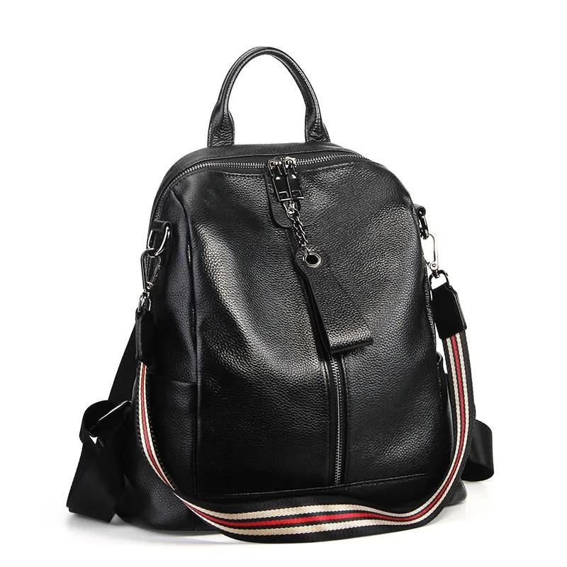 Coffee Red Grey Black Women's Solid Genuine Leather Travel Backpack