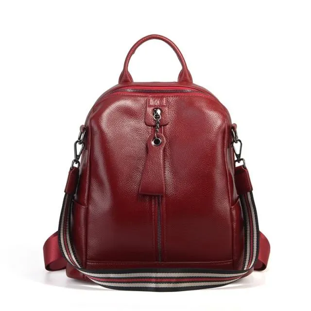 Coffee Red Grey Black Women's Solid Genuine Leather Travel Backpack