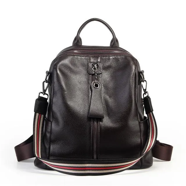 Coffee Red Grey Black Women's Solid Genuine Leather Travel Backpack