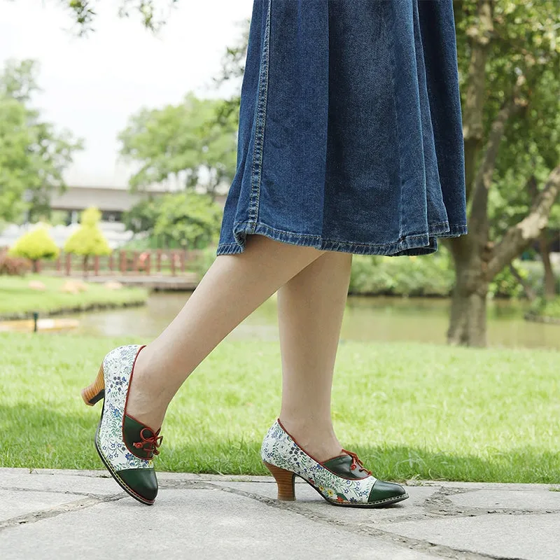 Comfortable Printing Leather Pumps in Green