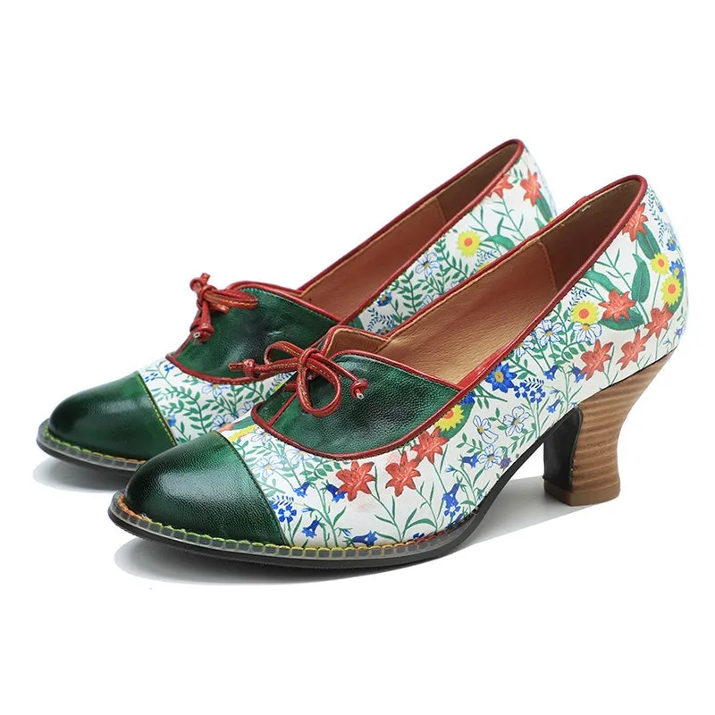 Comfortable Printing Leather Pumps in Green