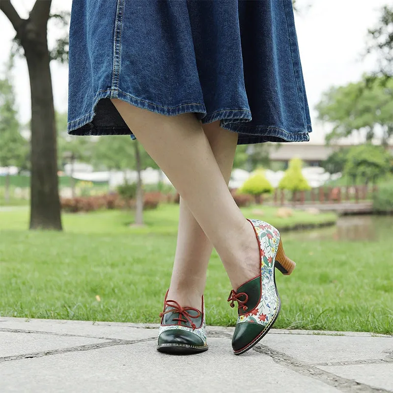 Comfortable Printing Leather Pumps in Green