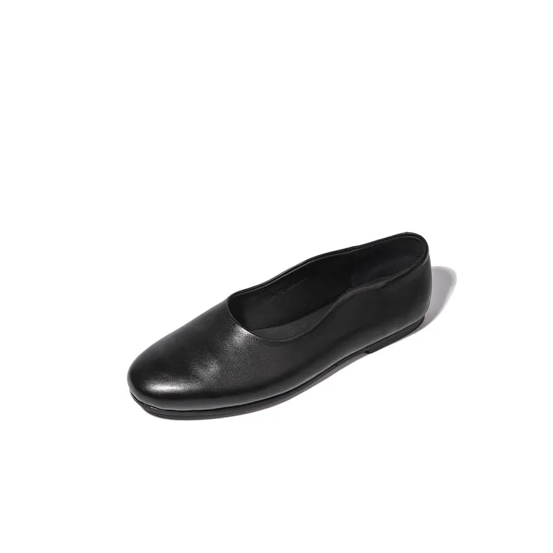 Cow Leather Flats For Women Round Toe  Loafer Shoes in Black/Red