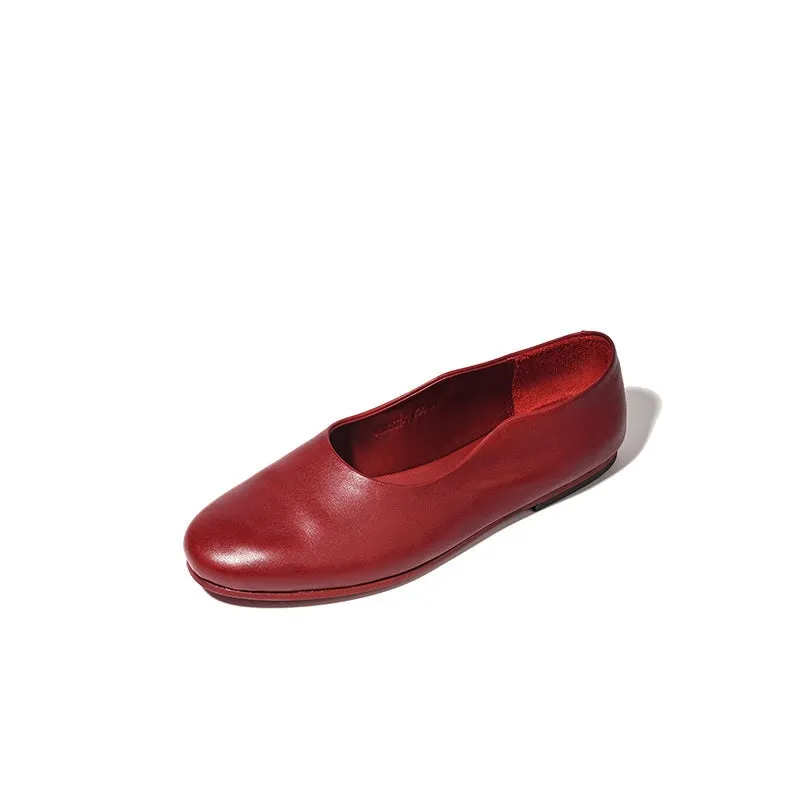 Cow Leather Flats For Women Round Toe  Loafer Shoes in Black/Red