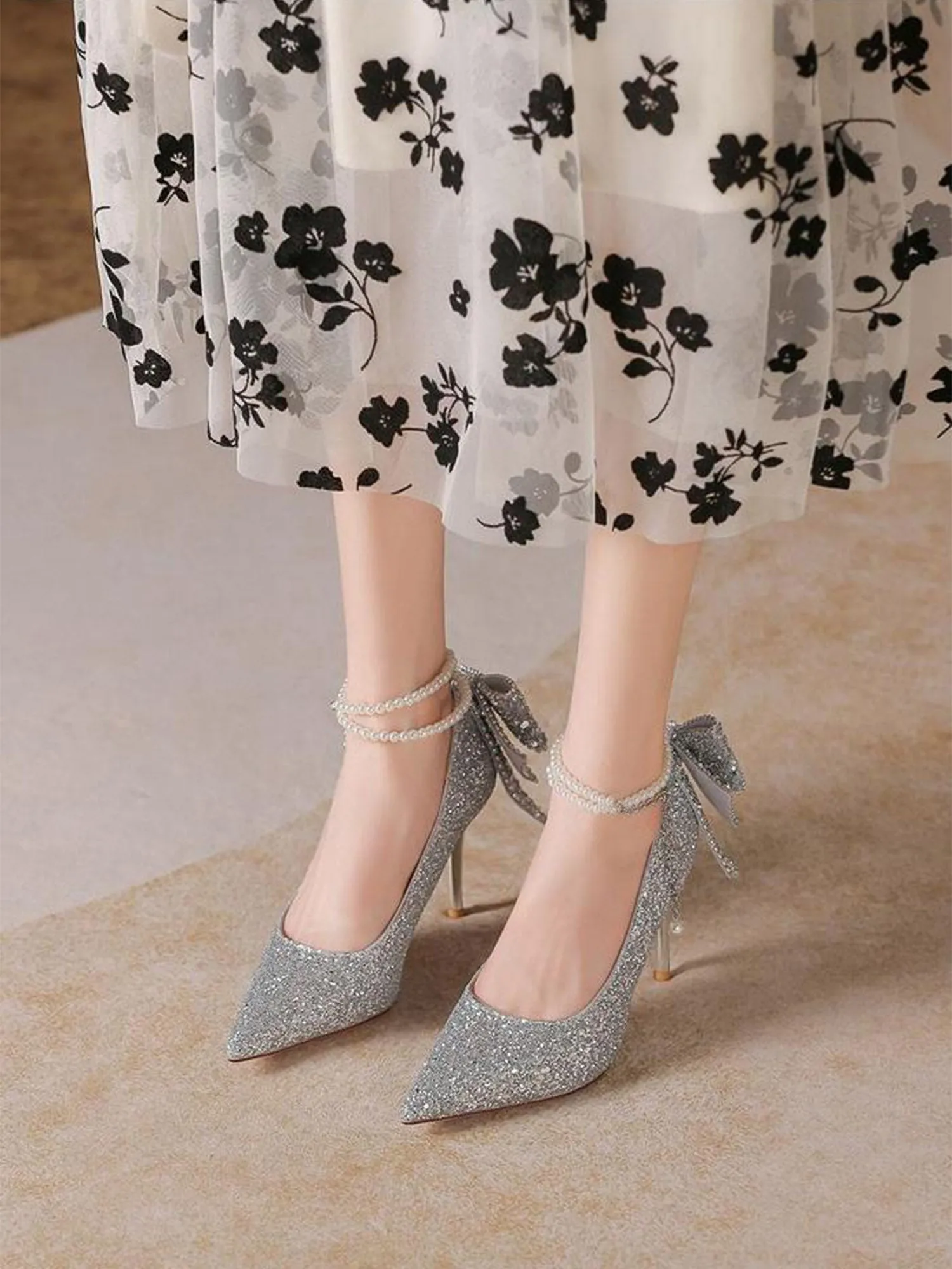 Crystal Sequin Pearl Chain Bowknot Women's High Heels