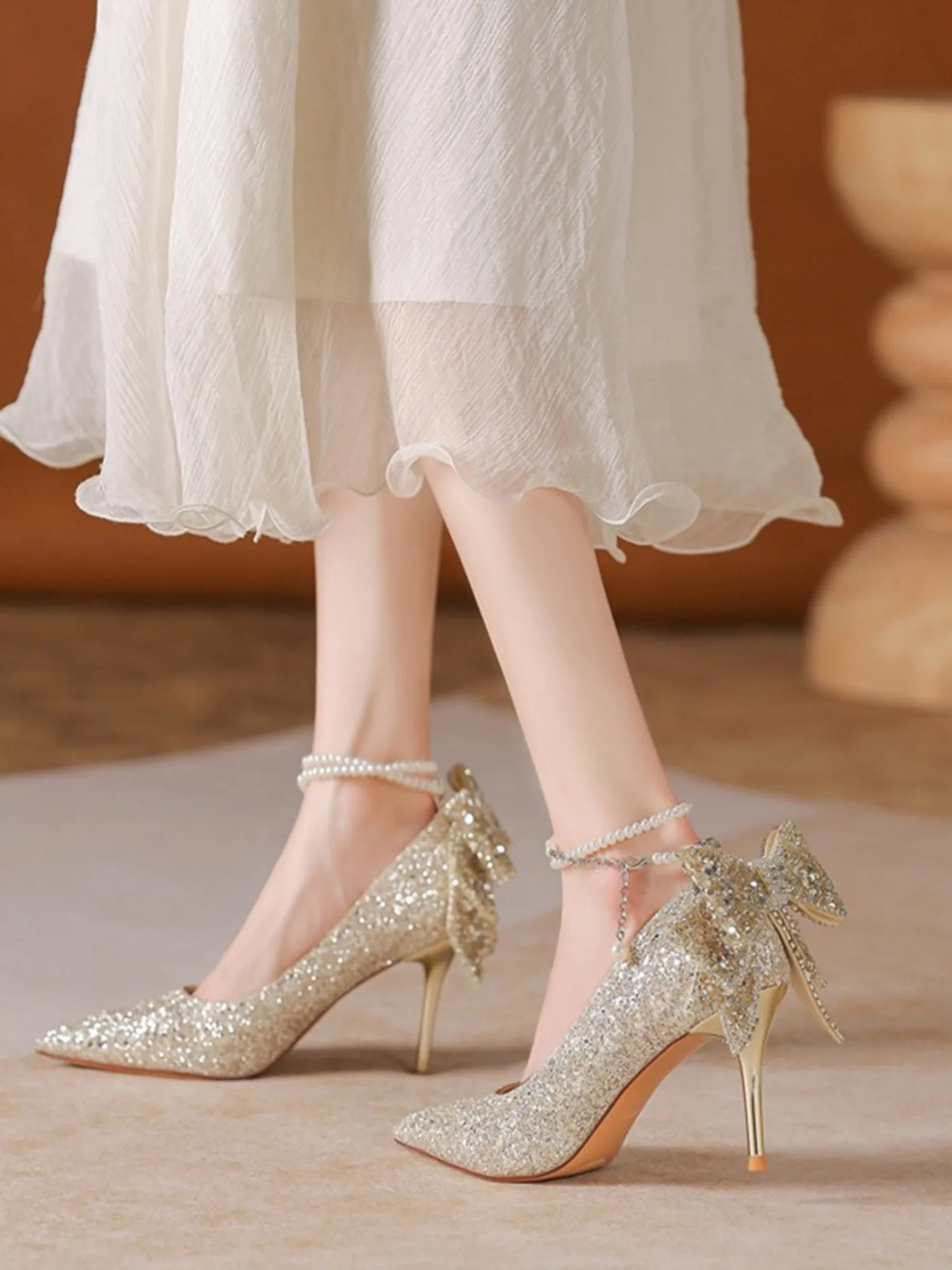 Crystal Sequin Pearl Chain Bowknot Women's High Heels