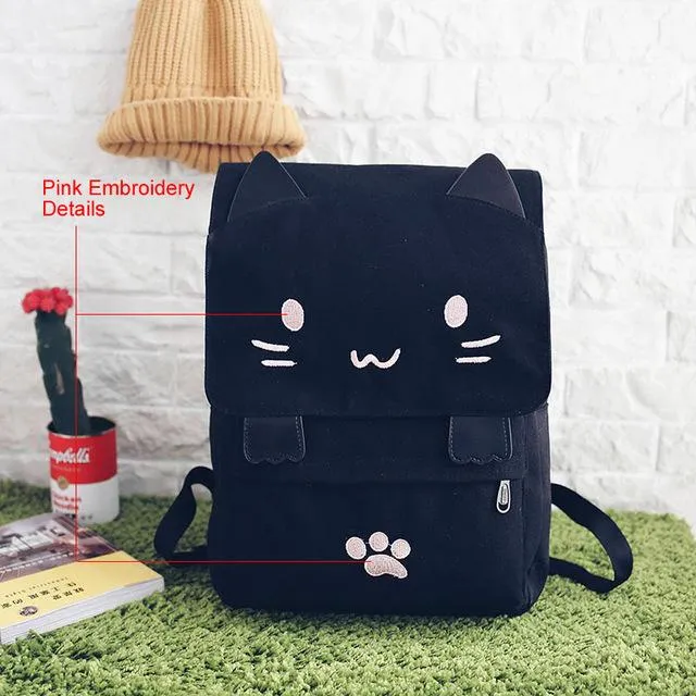 Cute Cat Cartoon Embroidery Canvas School Backpack for Teenage Girls