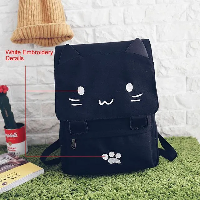 Cute Cat Cartoon Embroidery Canvas School Backpack for Teenage Girls