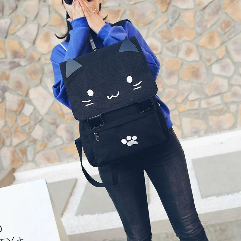 Cute Cat Cartoon Embroidery Canvas School Backpack for Teenage Girls