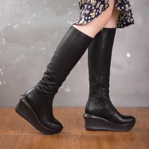 Designer 83mm Knee-high Wedge Boots Leather Slimming Boots for Winter in Black