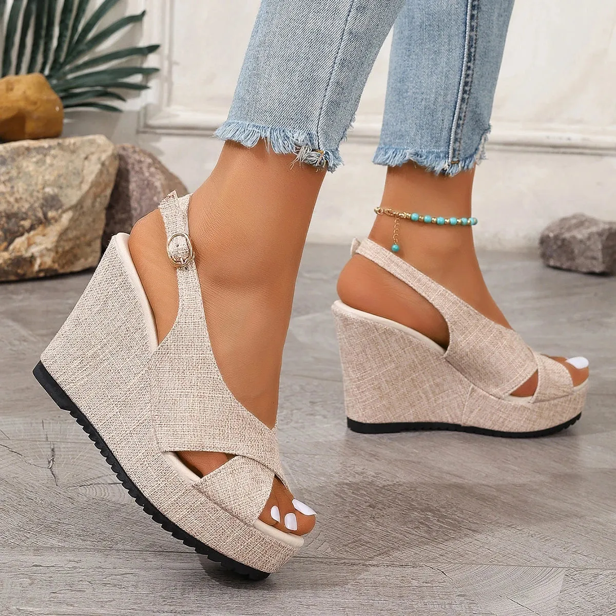 DOGHC 2024 NEW Size 35-43 Shoes for Women Ankle Buckle Wedges Sandals for Women Summer Denim Sandal Comfortable Thick Sole