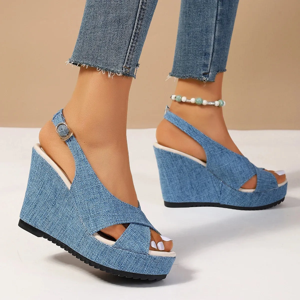 DOGHC 2024 NEW Size 35-43 Shoes for Women Ankle Buckle Wedges Sandals for Women Summer Denim Sandal Comfortable Thick Sole