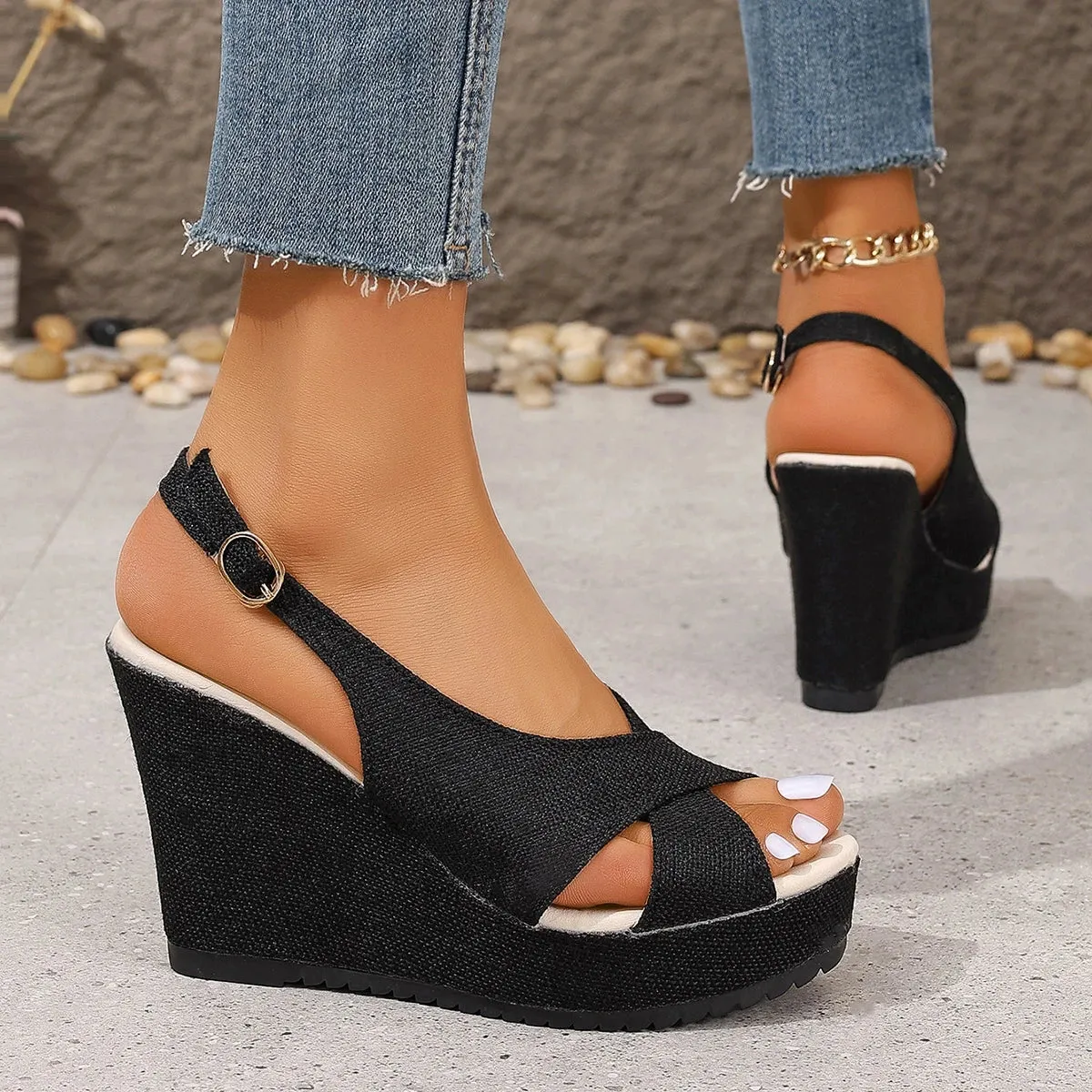 DOGHC 2024 NEW Size 35-43 Shoes for Women Ankle Buckle Wedges Sandals for Women Summer Denim Sandal Comfortable Thick Sole